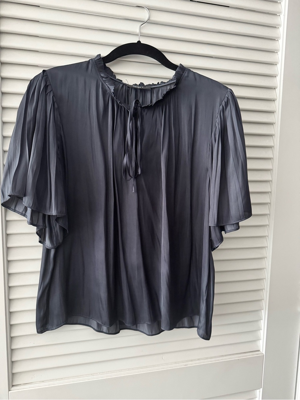 The Reset Slate Gray Satin Tie-Neck Ruffle Blouse